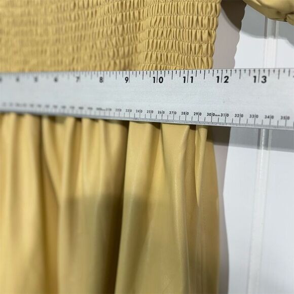 7 For All Mankind Faux Leather Puff Sleeve‎ Dress S Yellow Smocked Bodice NWT - Picture 5 of 10